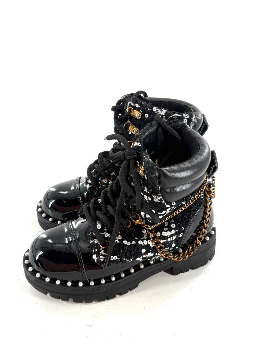 Kurt Geiger Chain Combat Boots 11 US 28 29 EU Kids Girls Black Gold Pearl Stud